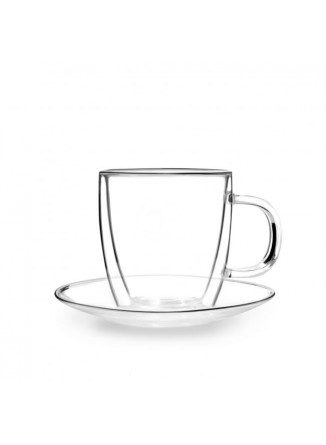 Termo puodeliai su lėkštute AMO 250 ml, 2 vnt, dvigubas stiklas, VIALLI® (Lenkija)