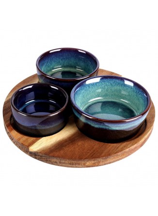 Indeliai užkandžiams 3 vnt su padėklu Ø 20 cm, keramika / akacija, EXCELLENT HOUSEWARE® (Nyderlandai)
