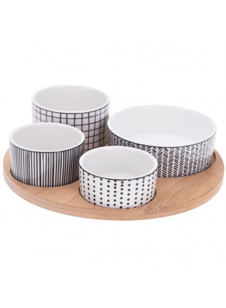 Indeliai užkandžiams 4 vnt su padėklu Ø 22 cm, porcelianas / bambukas, EXCELLENT HOUSEWARE® (Nyderlandai)
