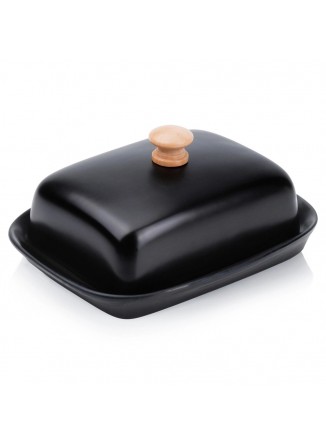 Sviestinė su dangteliu, keraminė, su medine rankenėle, juoda, VILDE, ORION (Lenkija)