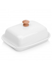 Sviestinė su dangteliu, keraminė, su medine rankenėle, balta, VILDE, ORION (Lenkija)
